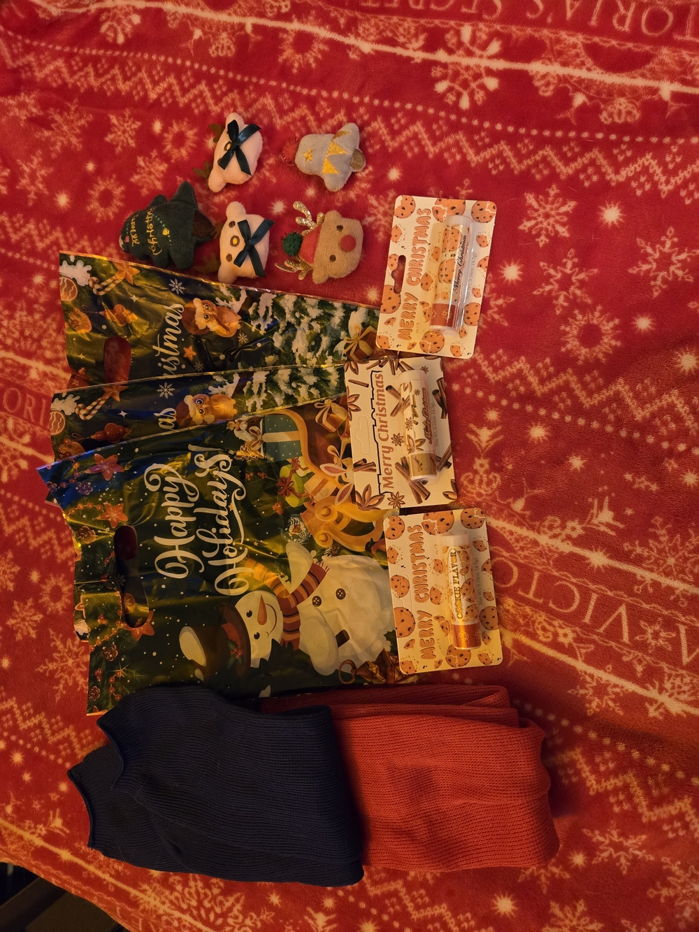 Holiday Plush Ornaments and Gift Bags Set - Red, Blue
